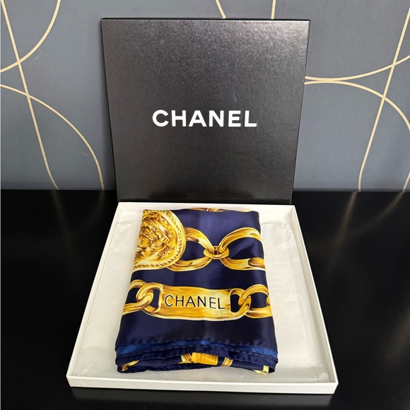 Authentic CHANEL silk scarf navy gold color - Picture 1 of 12